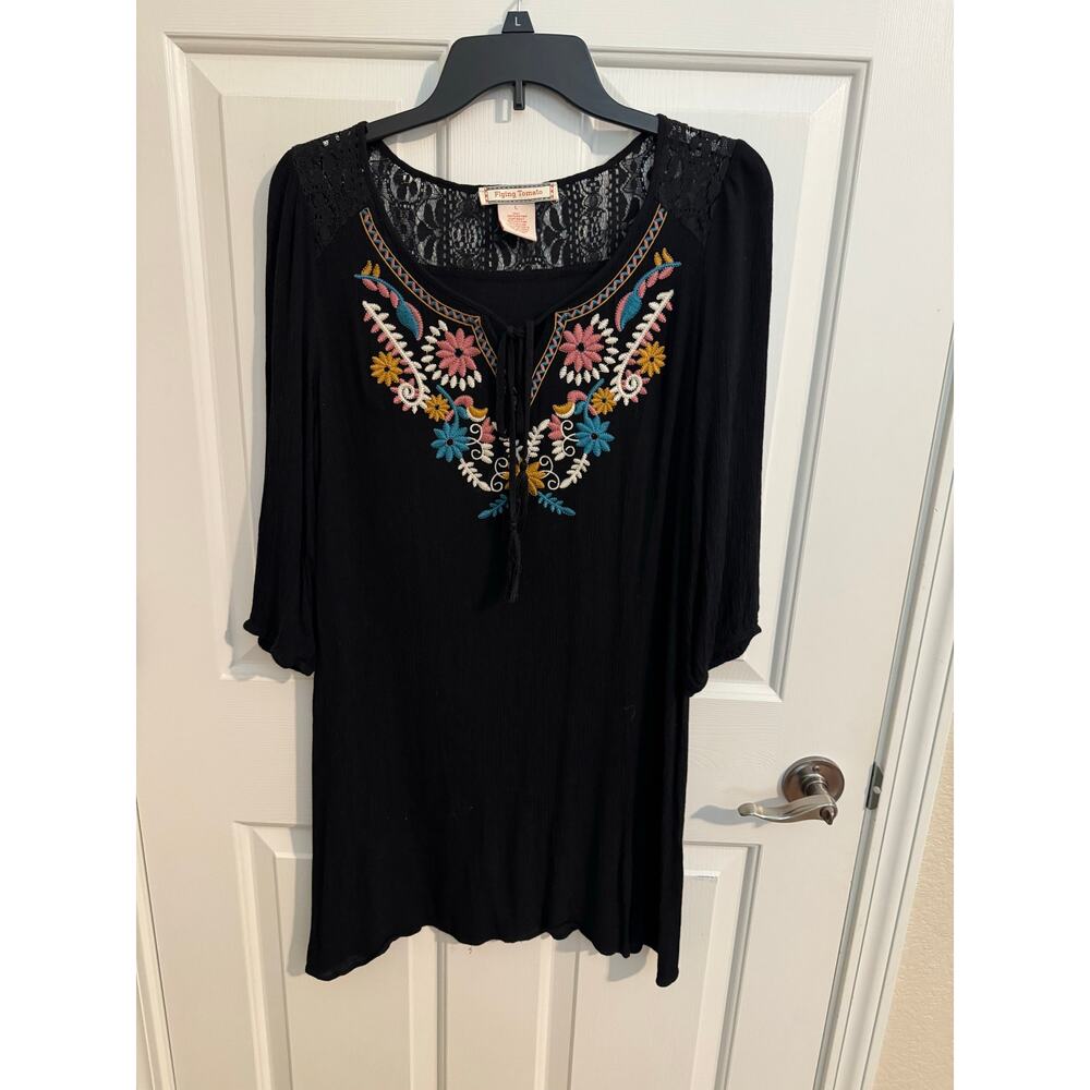 Flying Tomato Embroidered Boho Peasant Tunic Top Black Pink White Blue L